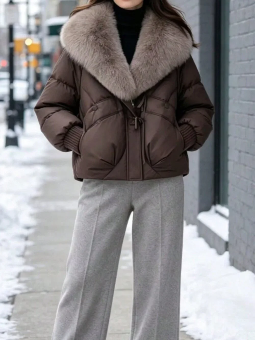 Brown Casual Women's Short Loose Thick Cotton-Padded Jacket